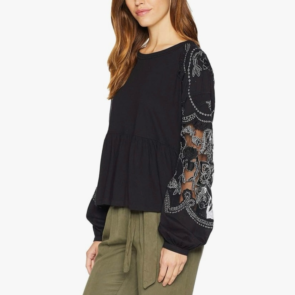 Free People Embroidered Penny Tee Peplum Blouse in Black and Silver Size XS